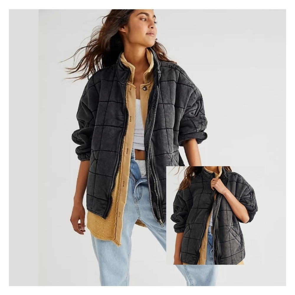 Free People Dolman Quilted Full Zip Washed Black Knit Jacket NWT XL $198 - Picture 1 of 13